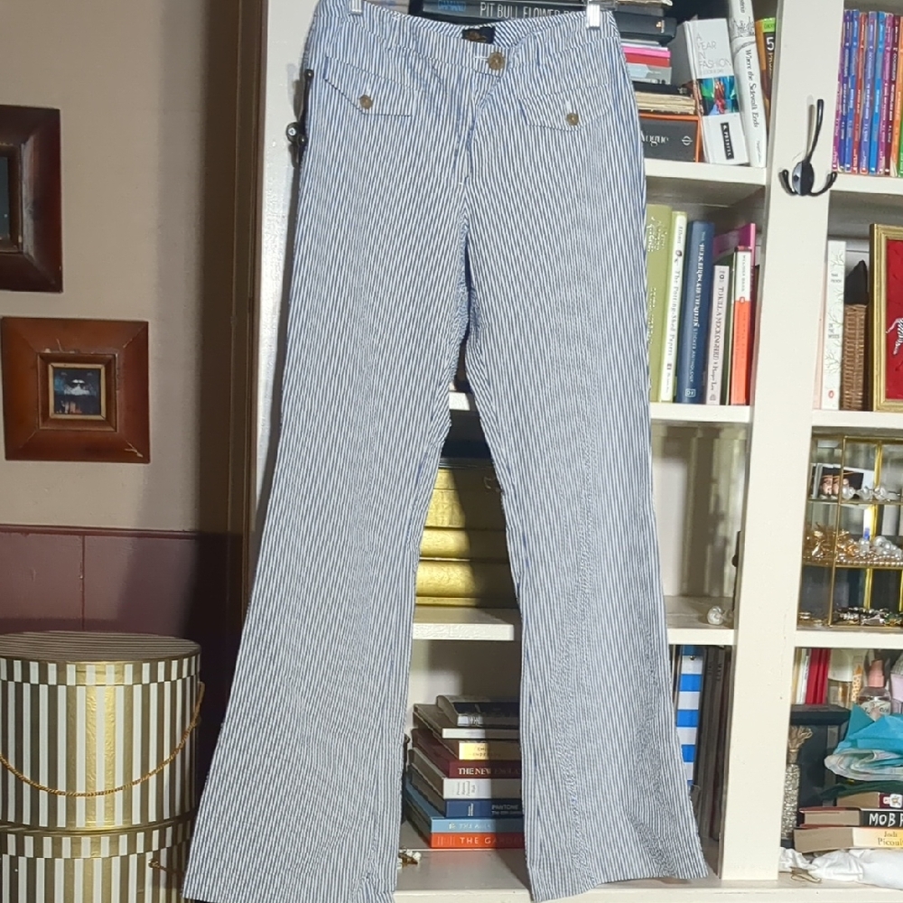 NEW Vintage L.L. Bean Signature Blue Seersucker Wide Leg Sailor Pants Size 6